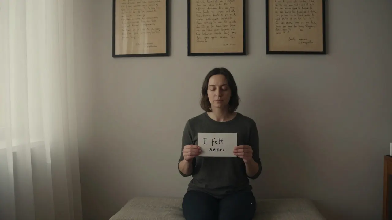 A client sitting quietly holding a note, with handwritten testimonials on the wall in a calm salon setting.