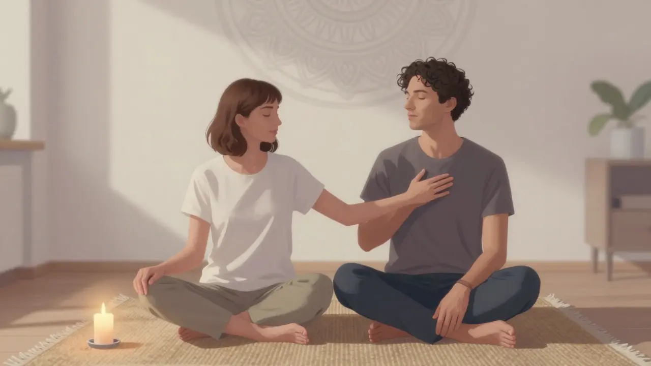 Dva lidé v klidné místnosti dýchají ve shodě, jeden jemně dotýká hrudník druhého — bez erotiky, jen s hlubokou přítomností.