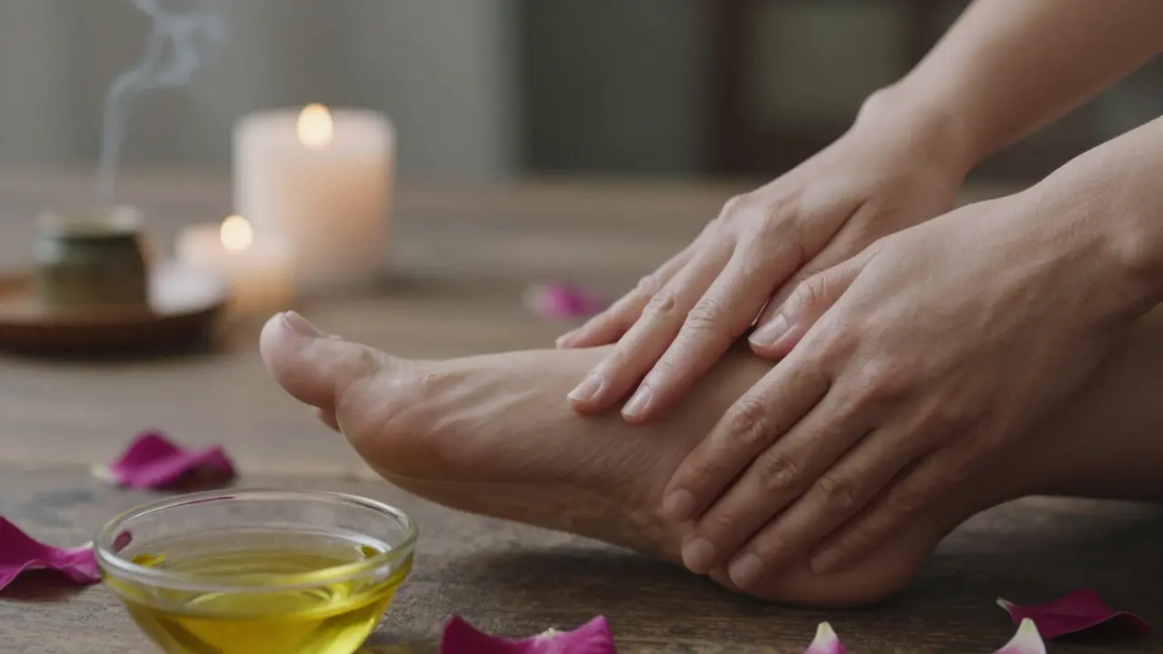 Dvě ruce se dotýkají nohy a záda bez sexuálního významu, jen s láskou a pozorností.