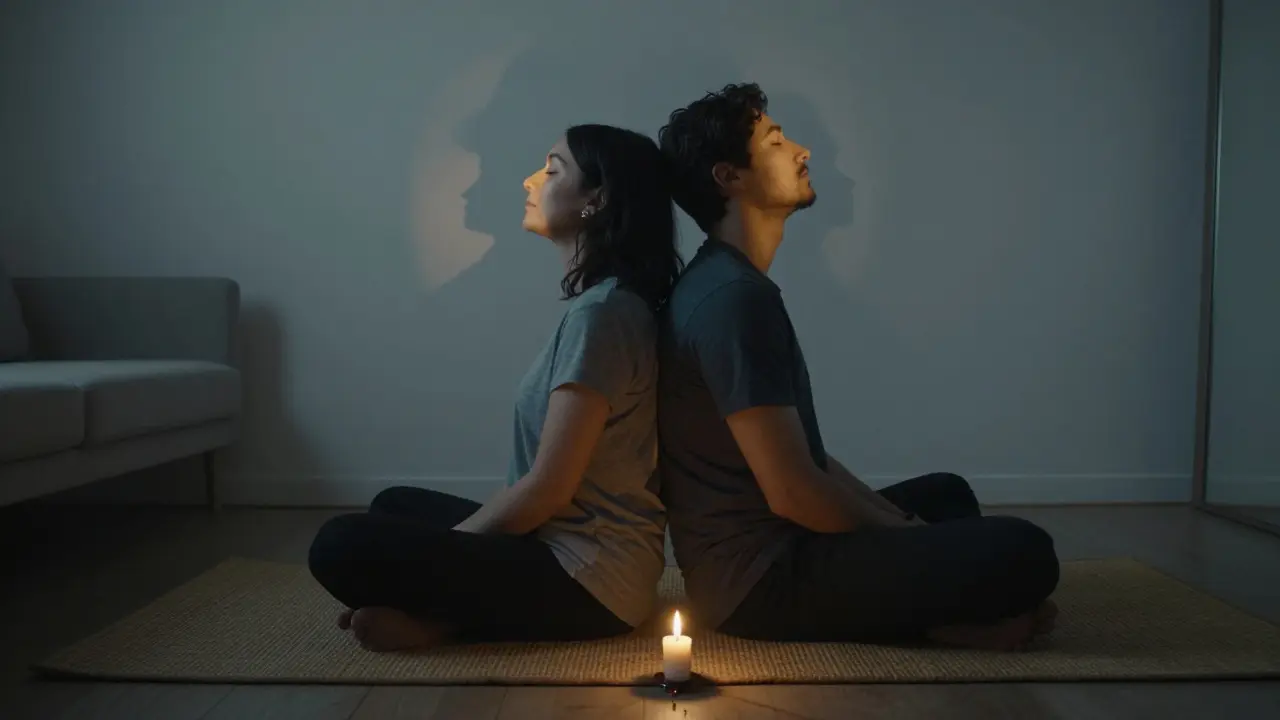Dvojice sedí zády k sobě, dýchají společně ve světle svíčky, symbolizující začátek hlubšího spojení.