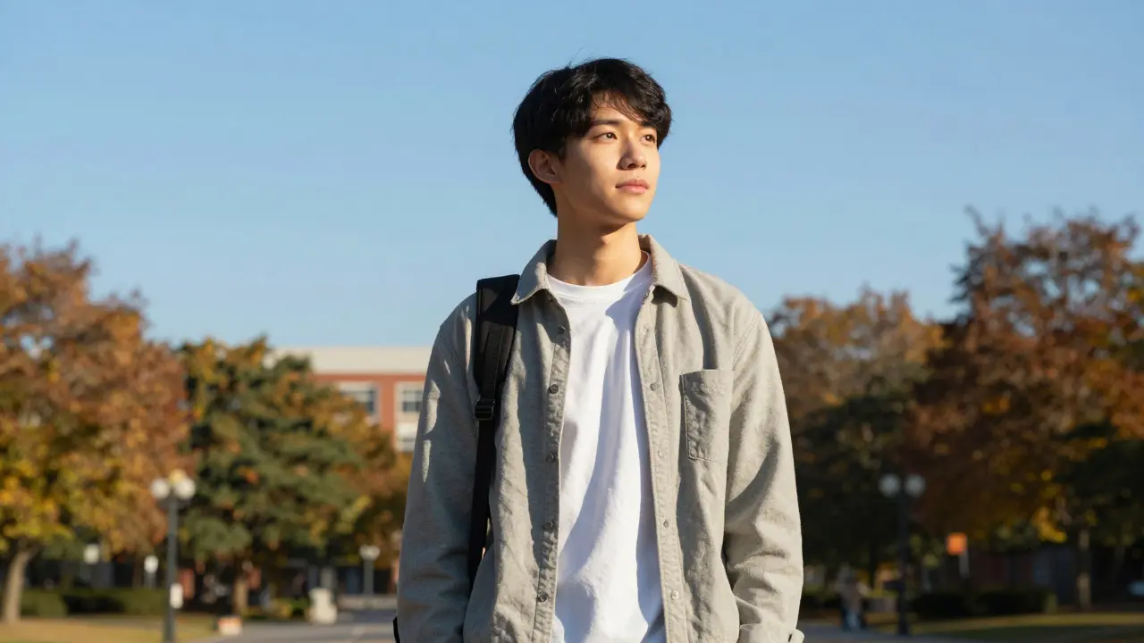 Energický student chodící venku na světlém ránu mezi stromy.