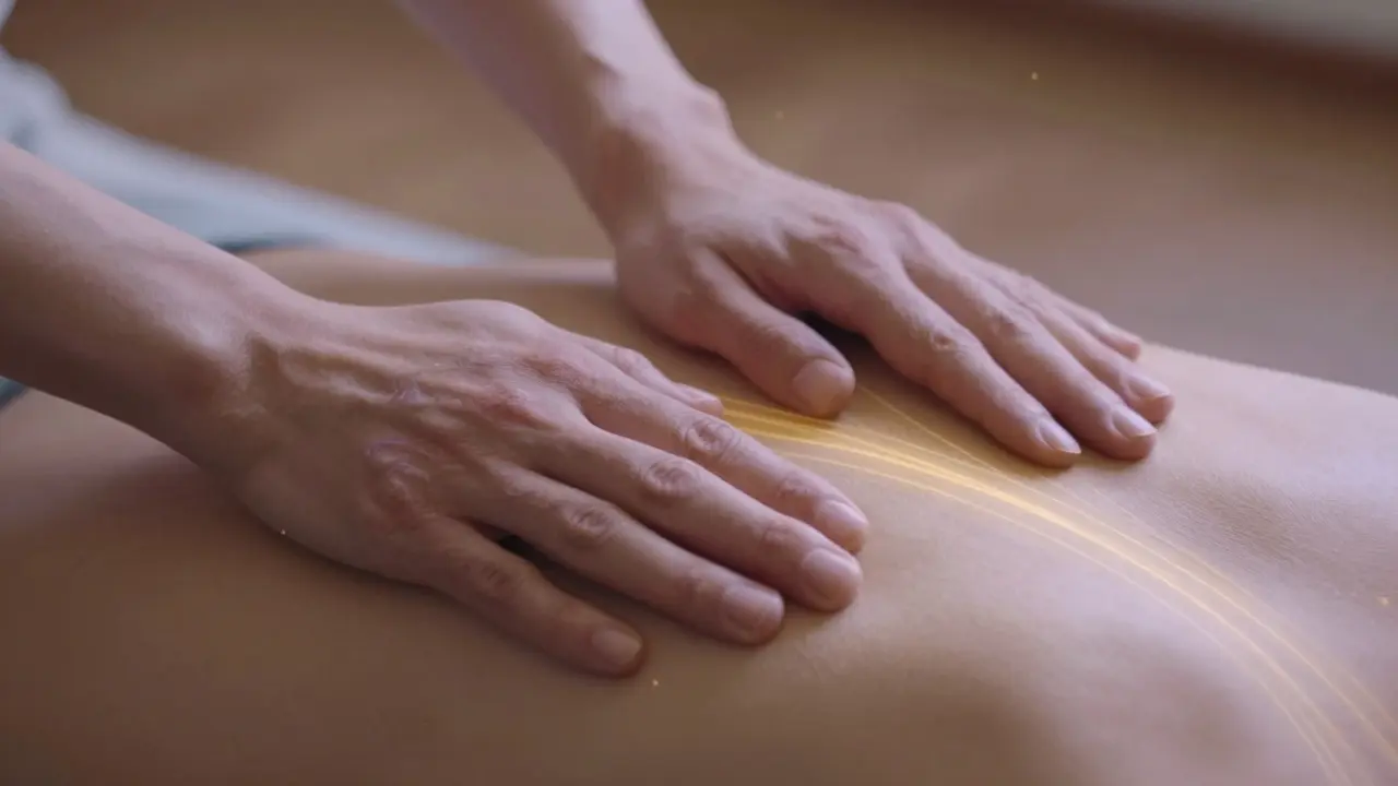 Gentle hands resting on a back, with subtle golden energy lines glowing softly in the air.