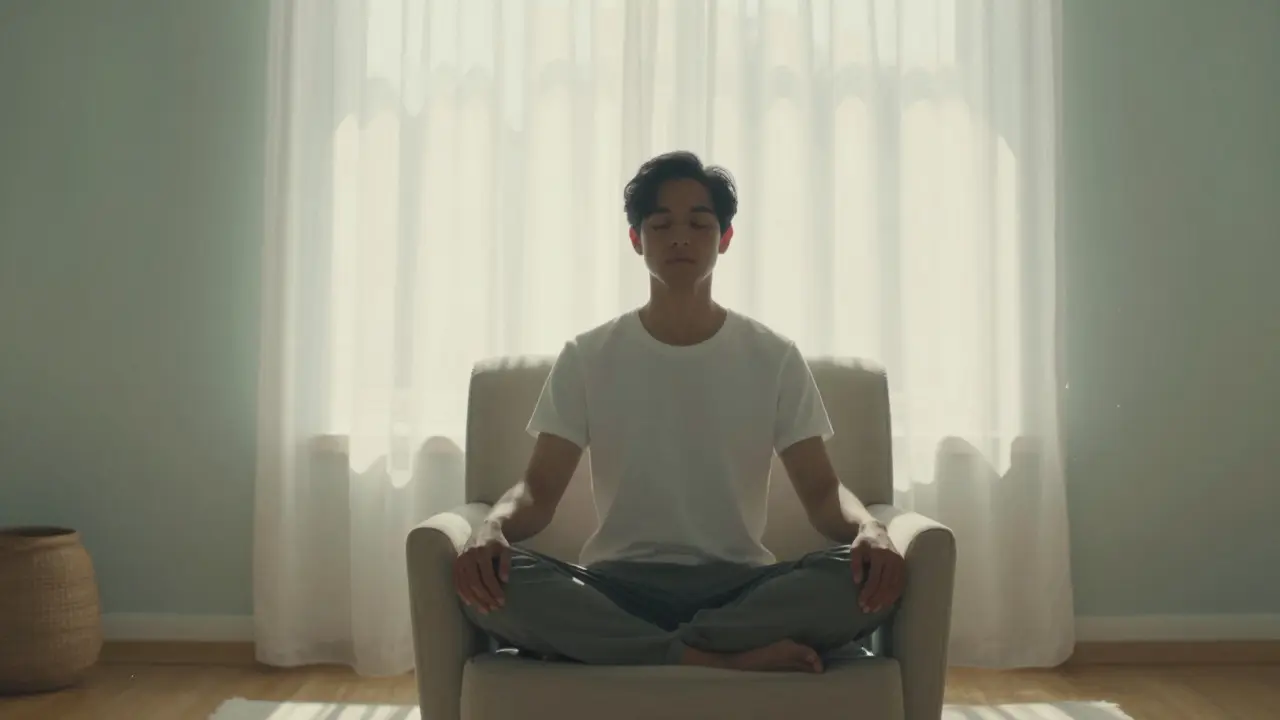 Osoba sedící v pohodlí s uzavřenýma očima v poklidné místnosti.