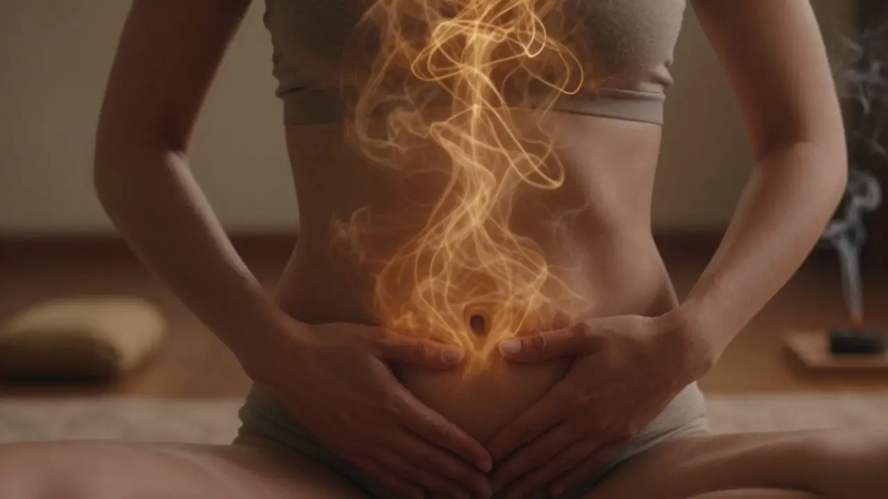 Ruka na břiše, zlatý průběh energie se vznáší od pánve po hlavu při hlubokém dýchání.