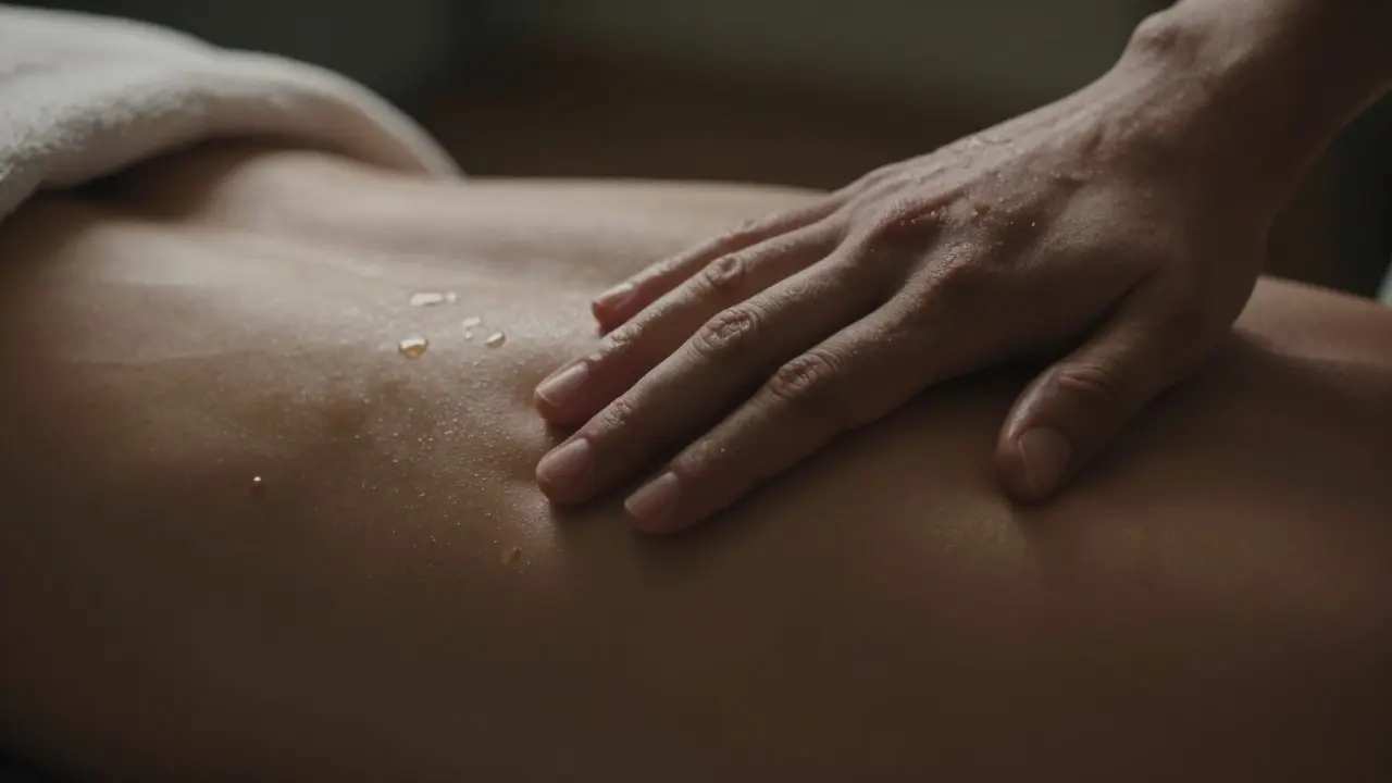 Detail jemného a laskavého doteku ruky na rameni partnera s kapkami hřejivého oleje.