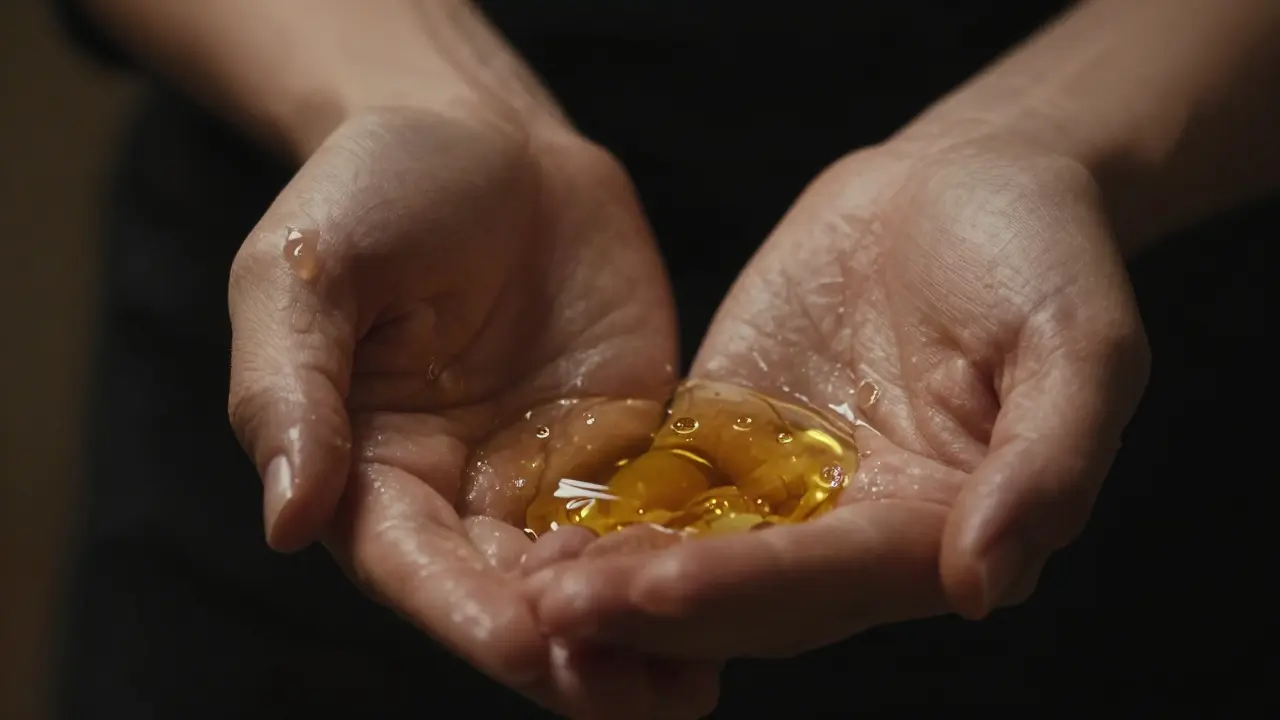 Detail rukou držících zlatavý olej s důrazem na texturu a intimní osvětlení.