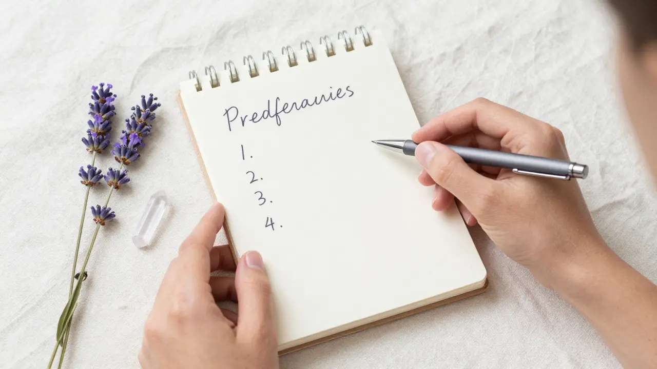 Detail ruky s poznámkovým blokem a seznamem osobních hranic na lněném podkladu.