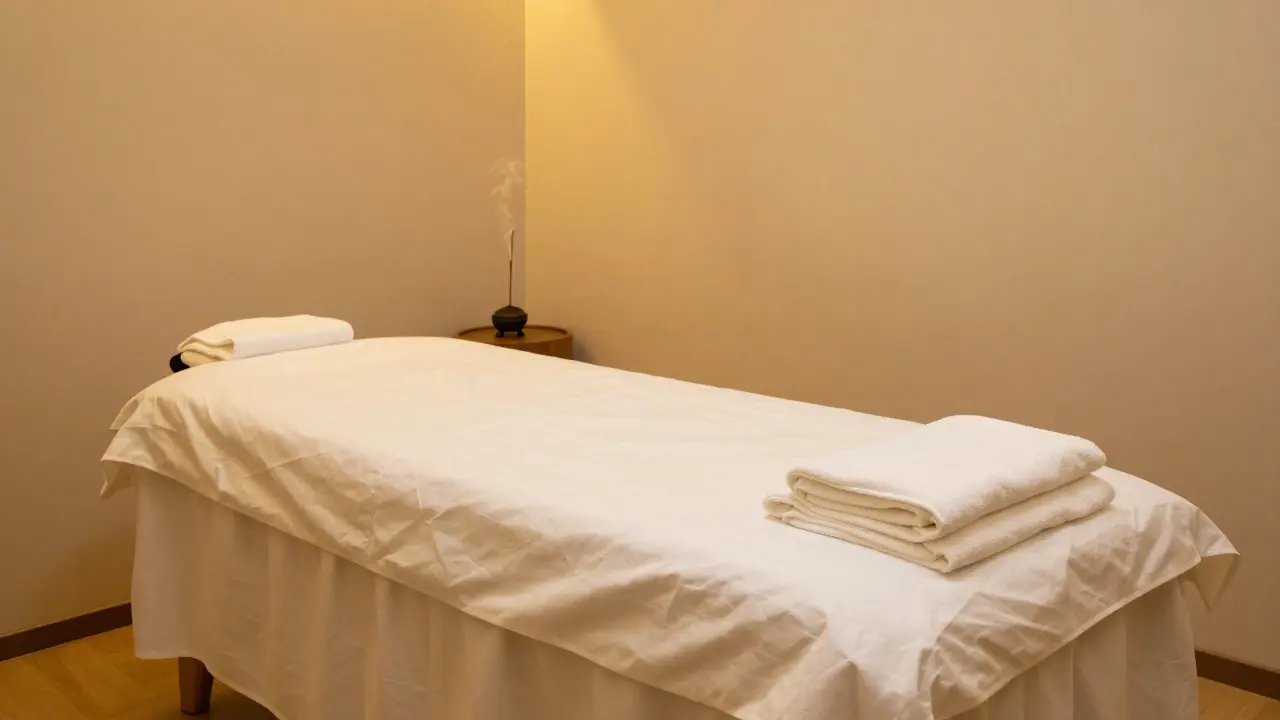 Interiér profesionálního wellness studia s čistým masážním stolem a bílým prostěradlem.