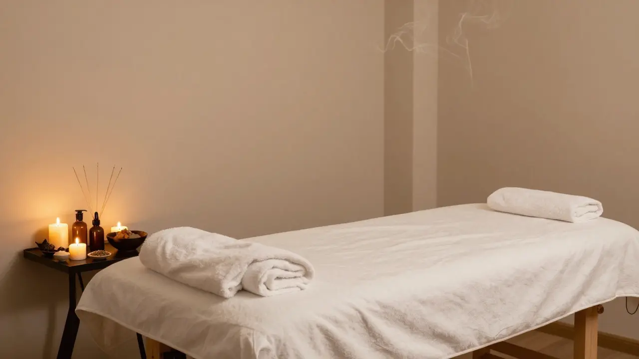 Klidná místnost pro tantrickou masáž s dopalujícími svíčkami a bílými ručníky.