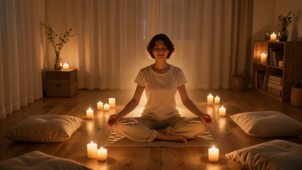 Klidný interiér s plamínky svící a meditujícím člověkem v jemné světelné aureole.