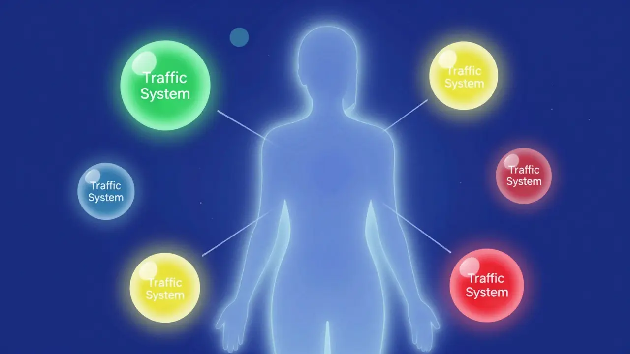 Konceptuální znázornení semaforového systému hranic kolem lidské siluety.