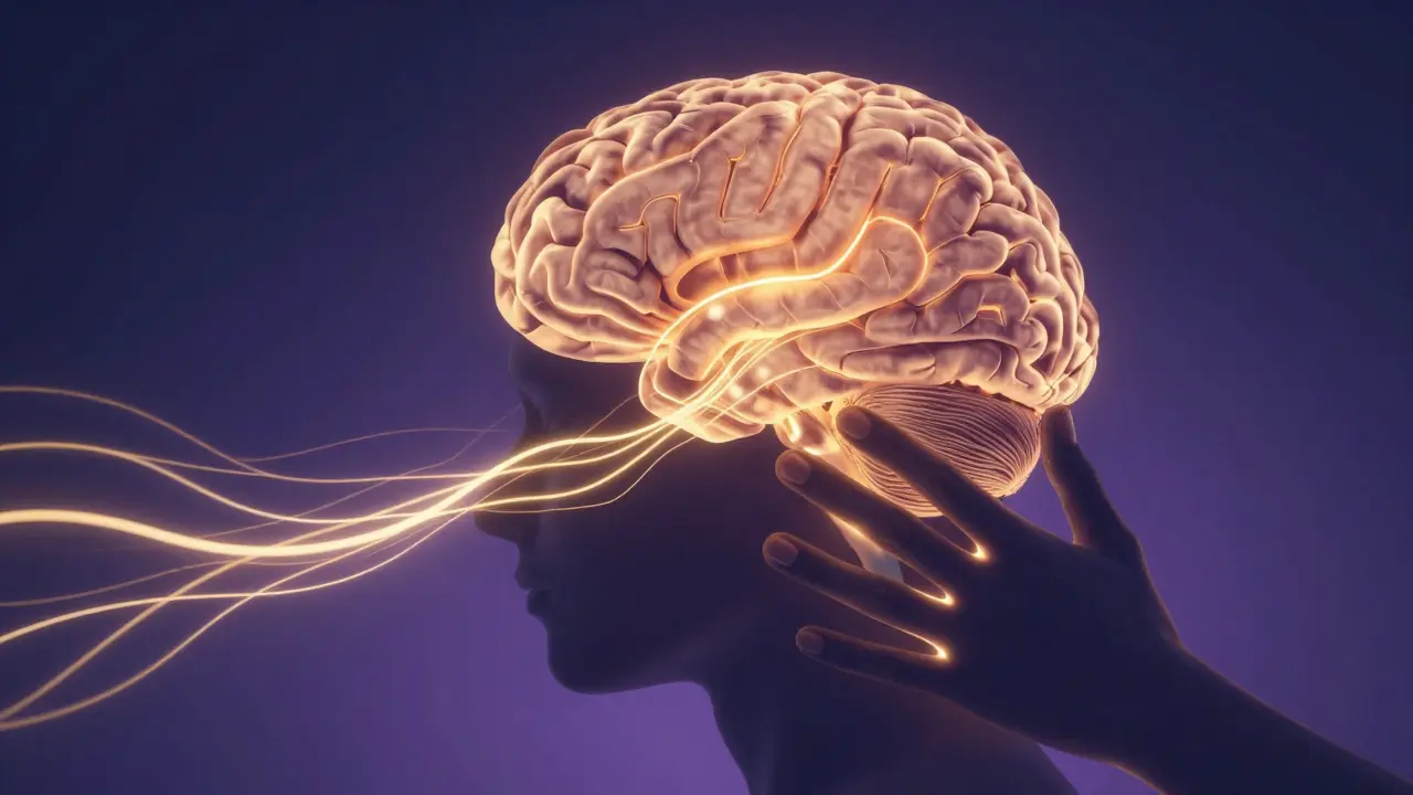 Konceptuální zobrazení přenosu příjemného dotyku z kůže do limbického systému mozku.