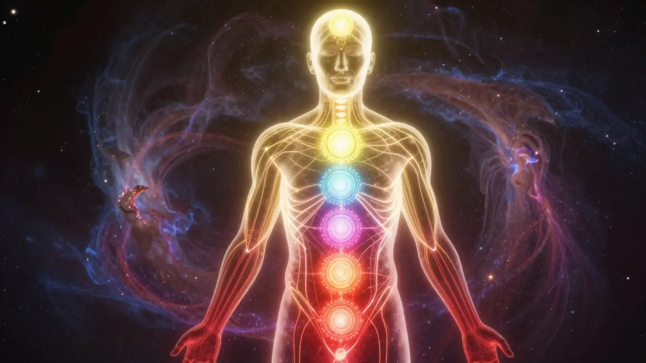 Kresba lidské siluety s vyznačenými svítícími čakrami a energetickými meridiány v kosmu.