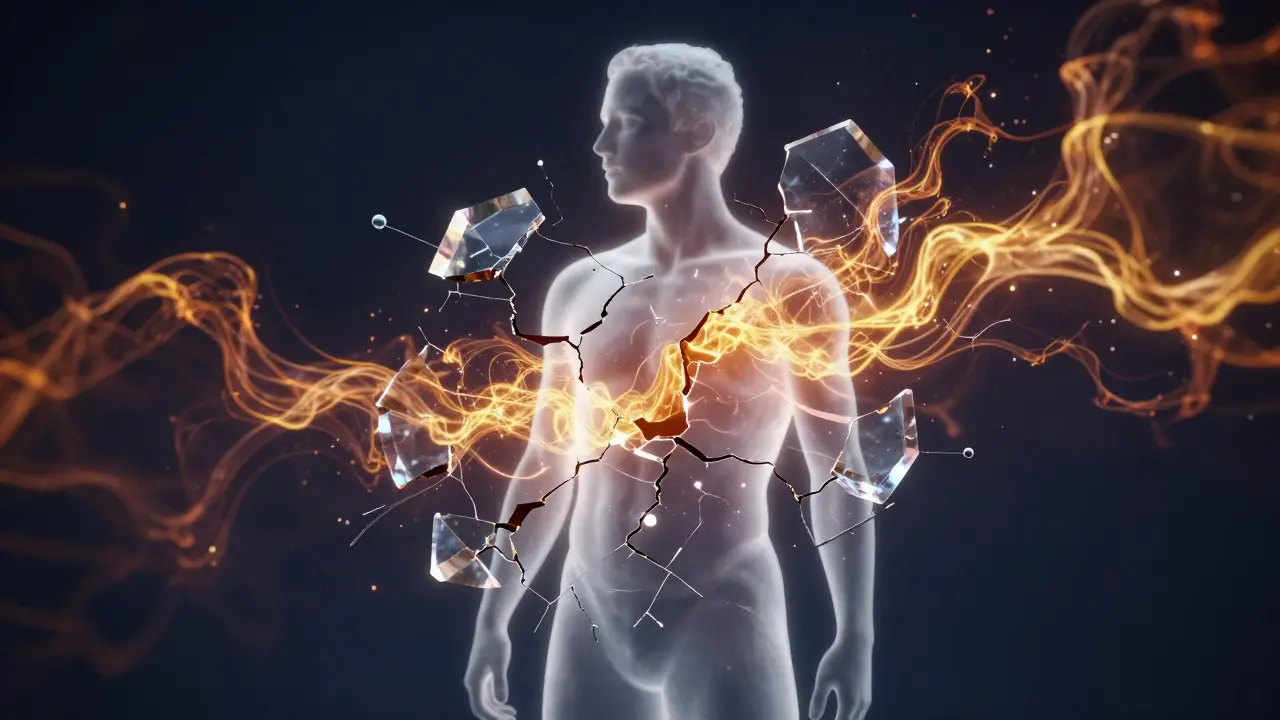 Krystalový pancíř kolem lidské siluety praská a uvolňuje zlatou energii emocí.