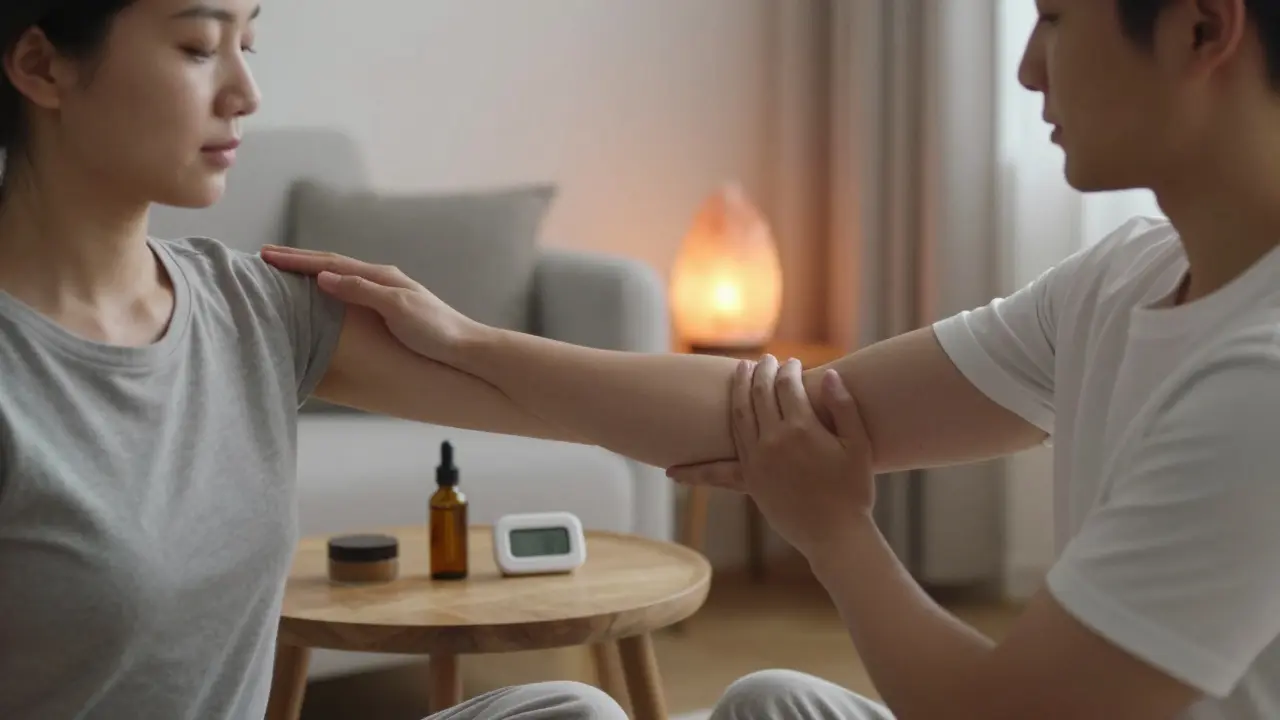 Pár v útulném prostředí cvičící techniku pomalých mikropohybů s důrazem na dech.