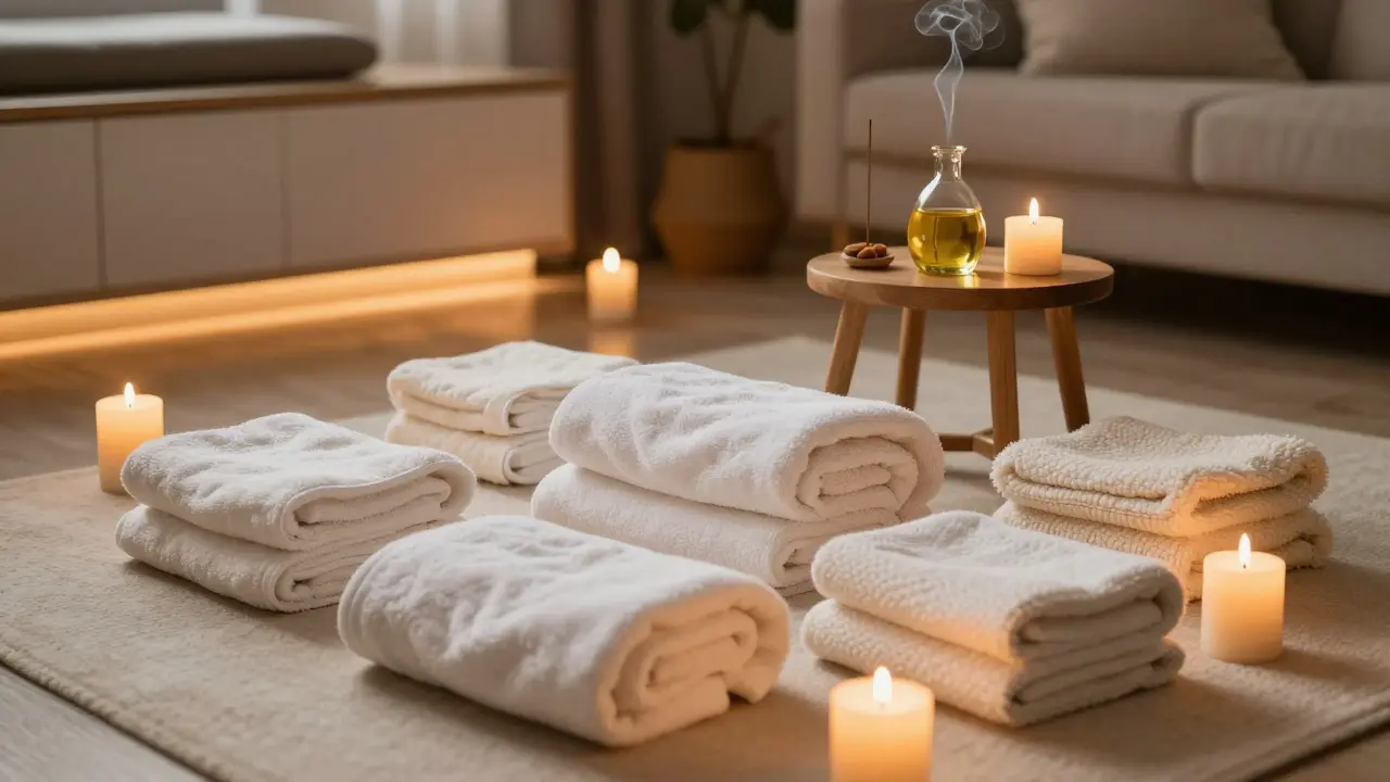 Připravený prostor pro tantrickou masáž se svíčkemi, hřejivými ručníky a masážním olejem.