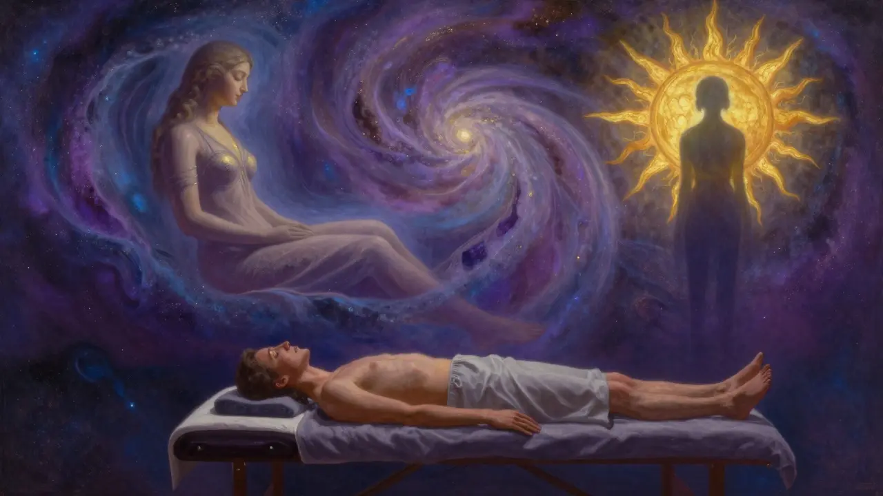 Surrealistický obraz člověka v hlubokém uvolnění obklopeného Jungovými archetypy.