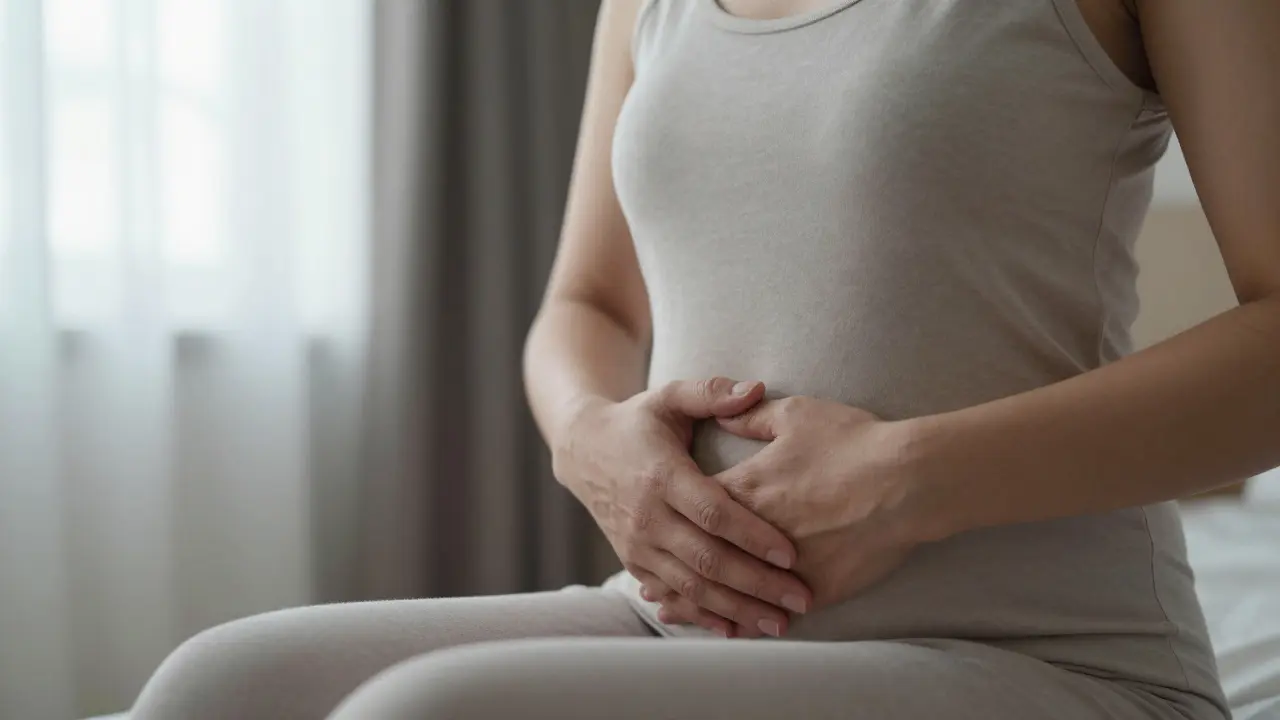 Žena si klade ruce na břicho při samomasáži v klidu