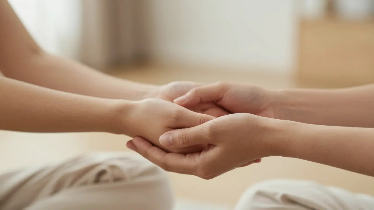 Dvě ruce spojené v meditaci pro synchronizaci dechu