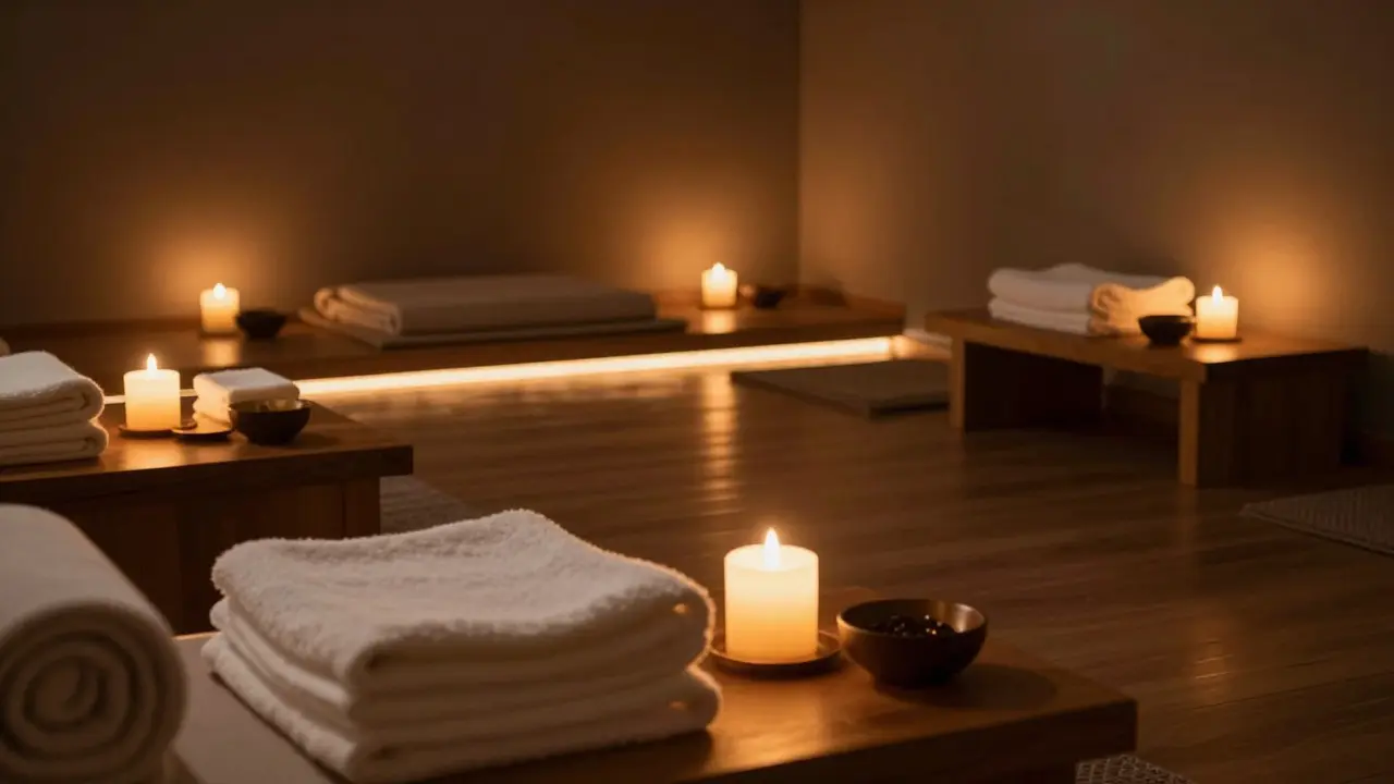 Tlumeně osvětlená místnost se svíčkami a ručníky připravená pro relaxační masážní rituál.