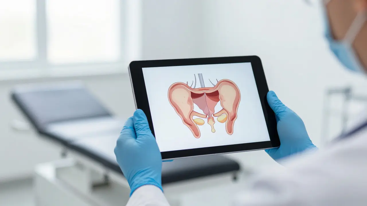 Urolog konzultuje s pacientem pomocí tabletu v ordinaci