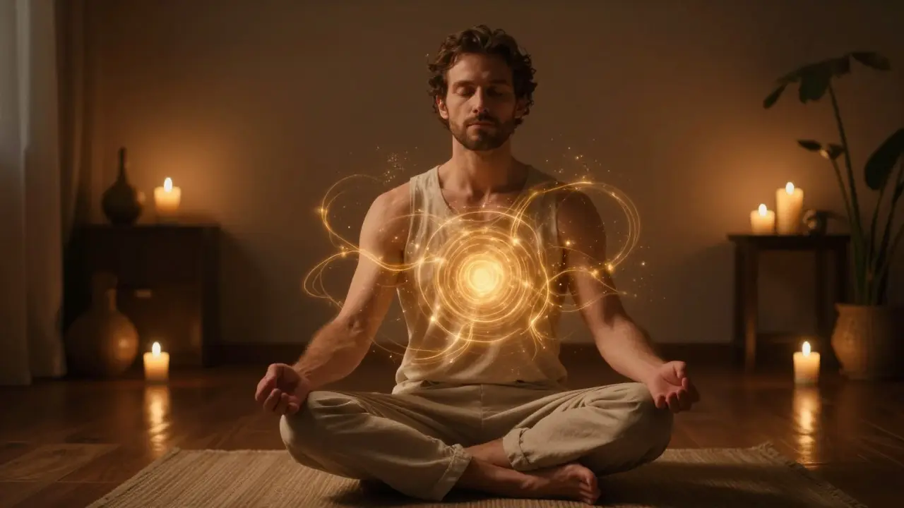 Muž v meditaci s aurou energie pro kontrolu dechu