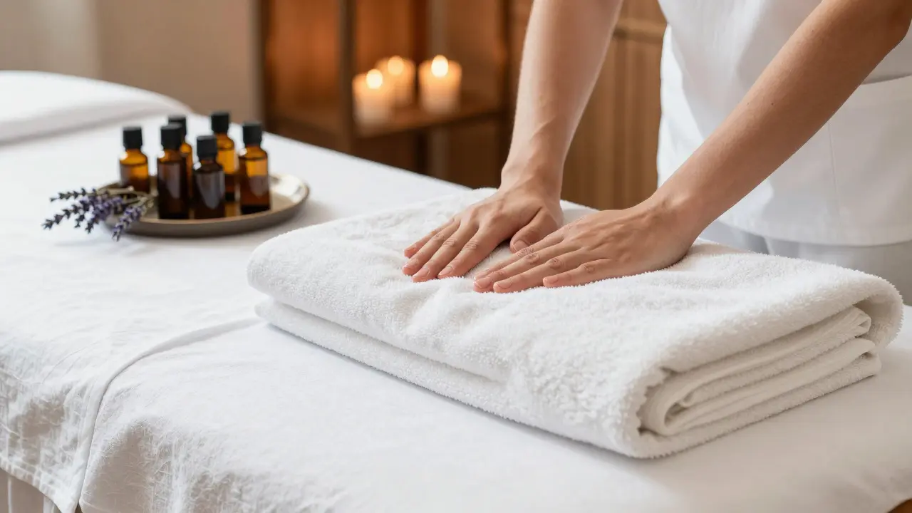 Připravená masážní lůžka s ručníky a oleji ve spa studiu