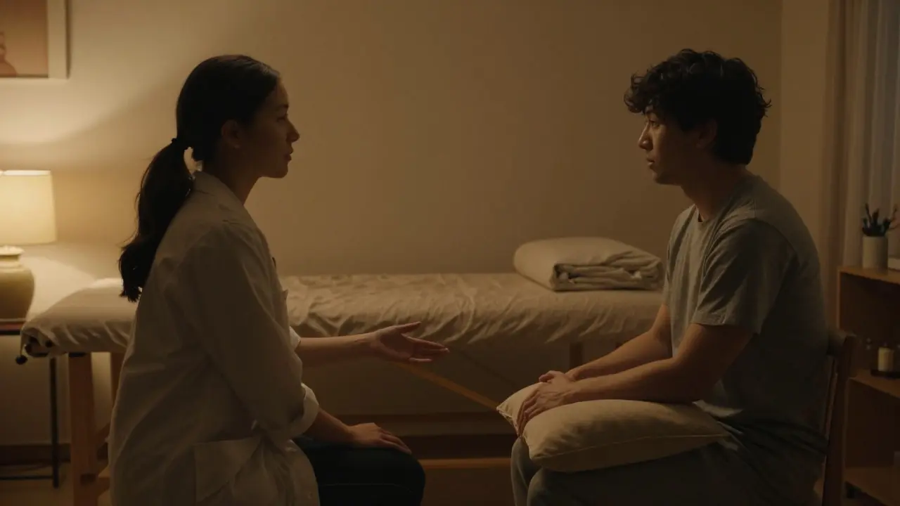 Therapist and client sitting in a calm room discussing boundaries