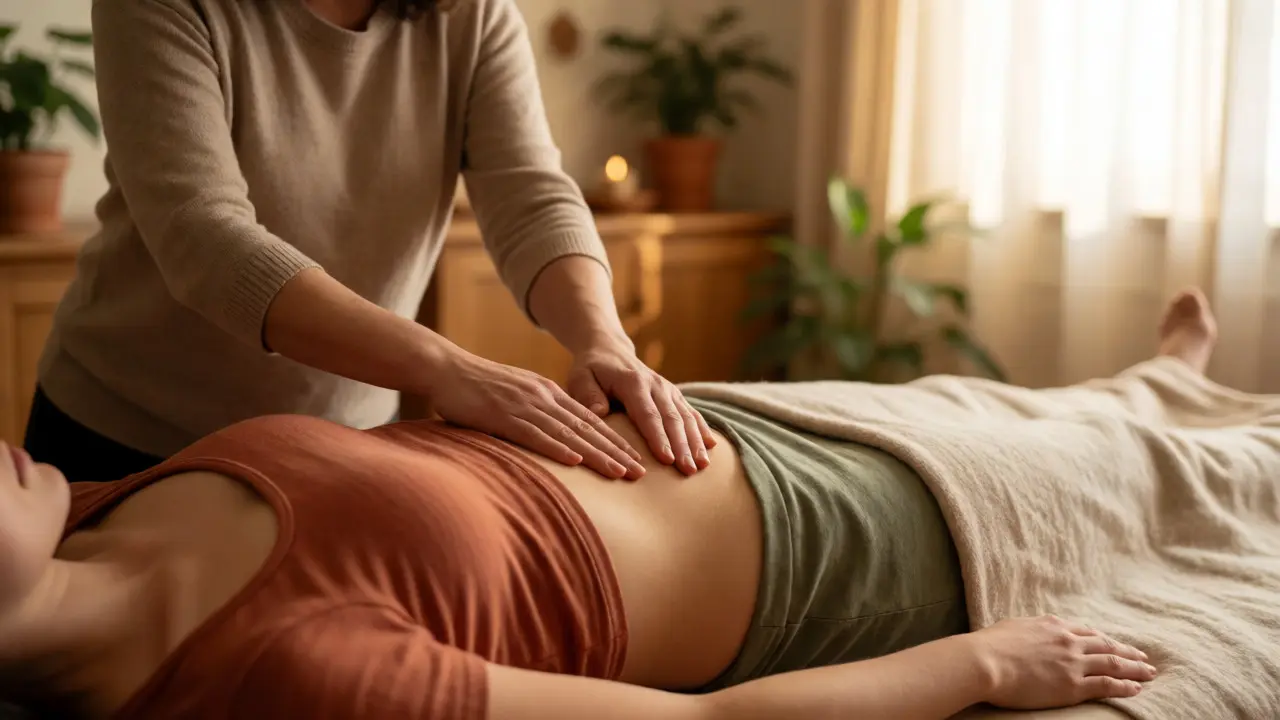 Terapeutické ruce uvolňující napětí v břiše klienta