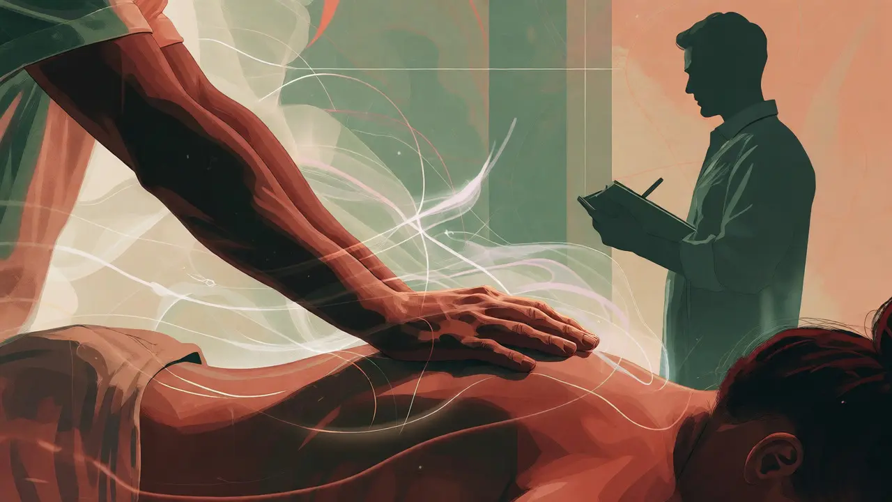 Ilustrace energetické práce při masáži s siluetou mentora na pozadí