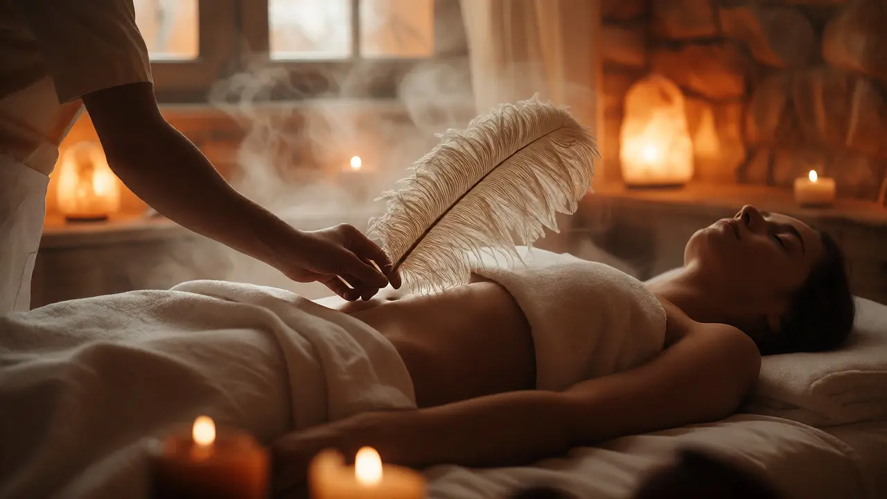 Masérka používá peříčko k relaxačnímu rituálu na břiše klienta