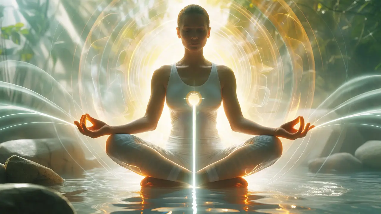 Person meditating in lotus pose surrounded by radiant light, symbolizing whole-body vitality.