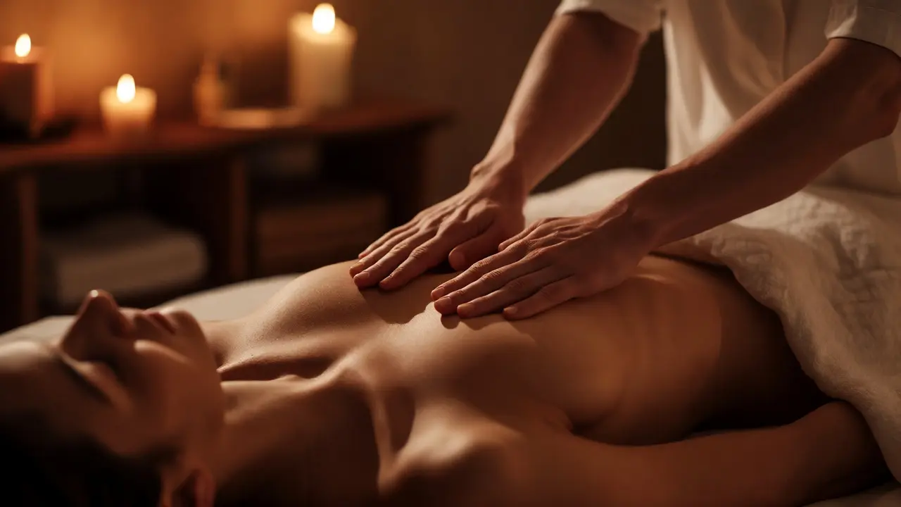 Therapist performing a tantric massage, hands bridging heart and abdomen in warm candlelight.
